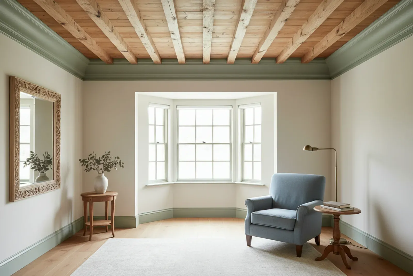 Home office with a built-in desk and upper shelving painted soft white