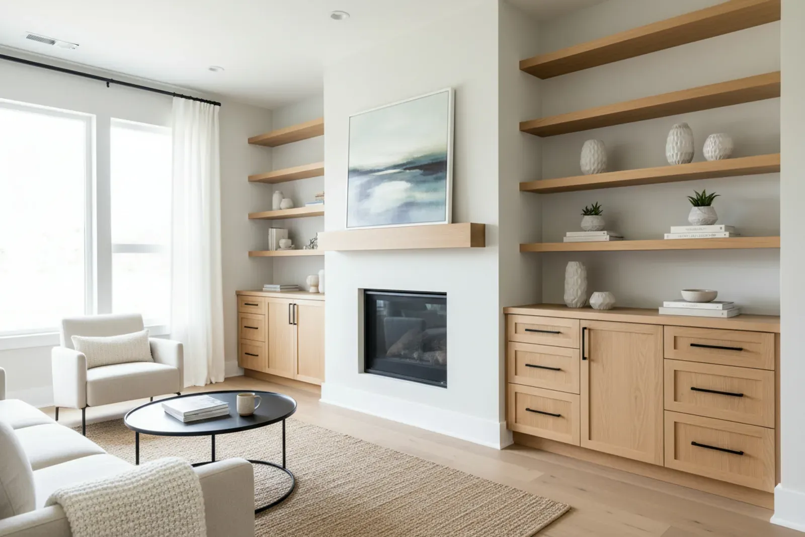 Living room with built-in cabinets and shelving flanking a fireplace in white oak with black hardware
