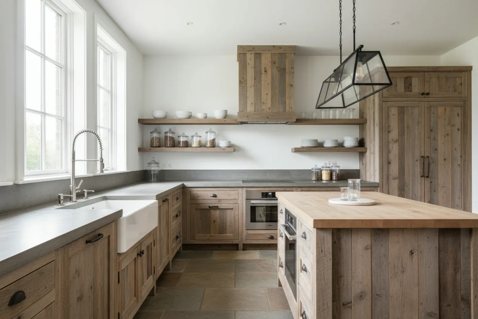 Kitchen with cabinetry built from reclaimed barn wood boards