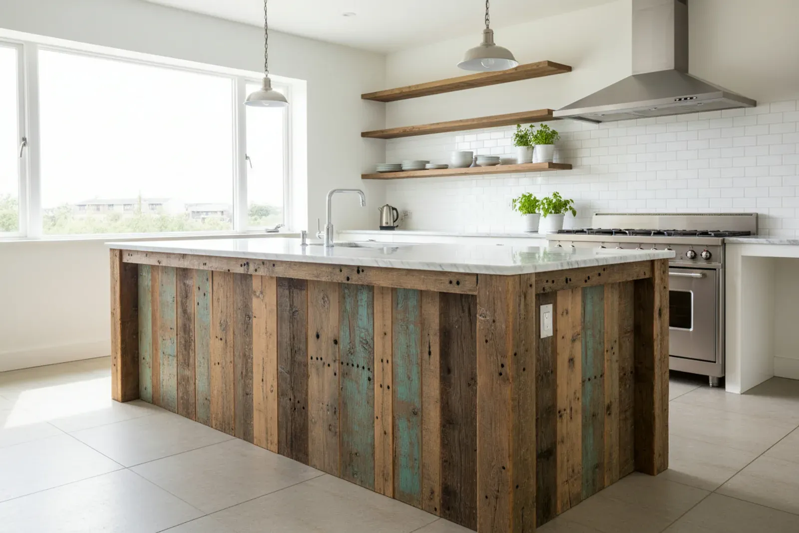 Reclaimed wood island with visible nail holes and patina