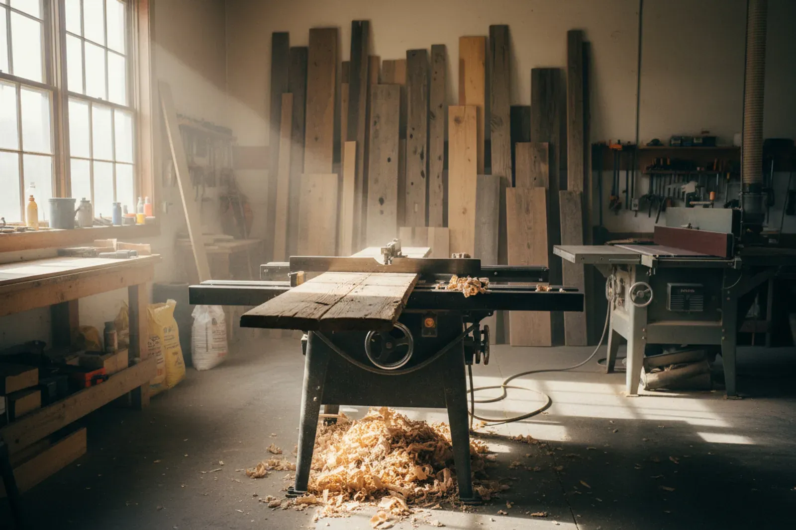 Reclaimed boards being milled in a shop