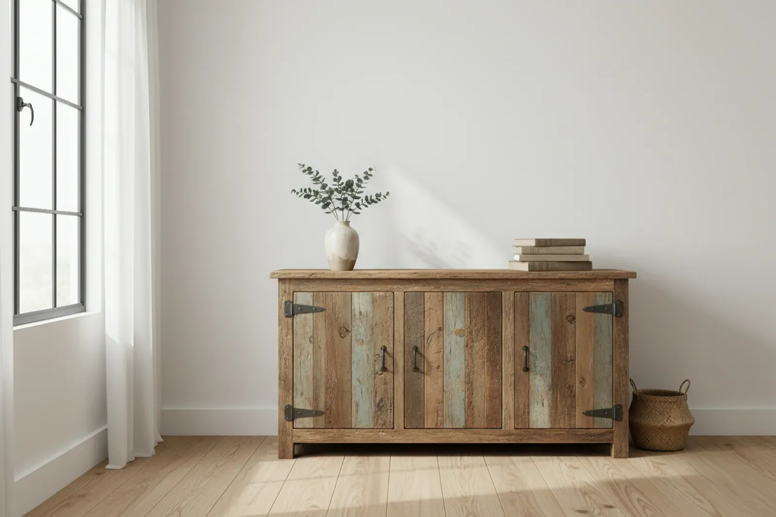 Reclaimed wood cabinet against a white wall