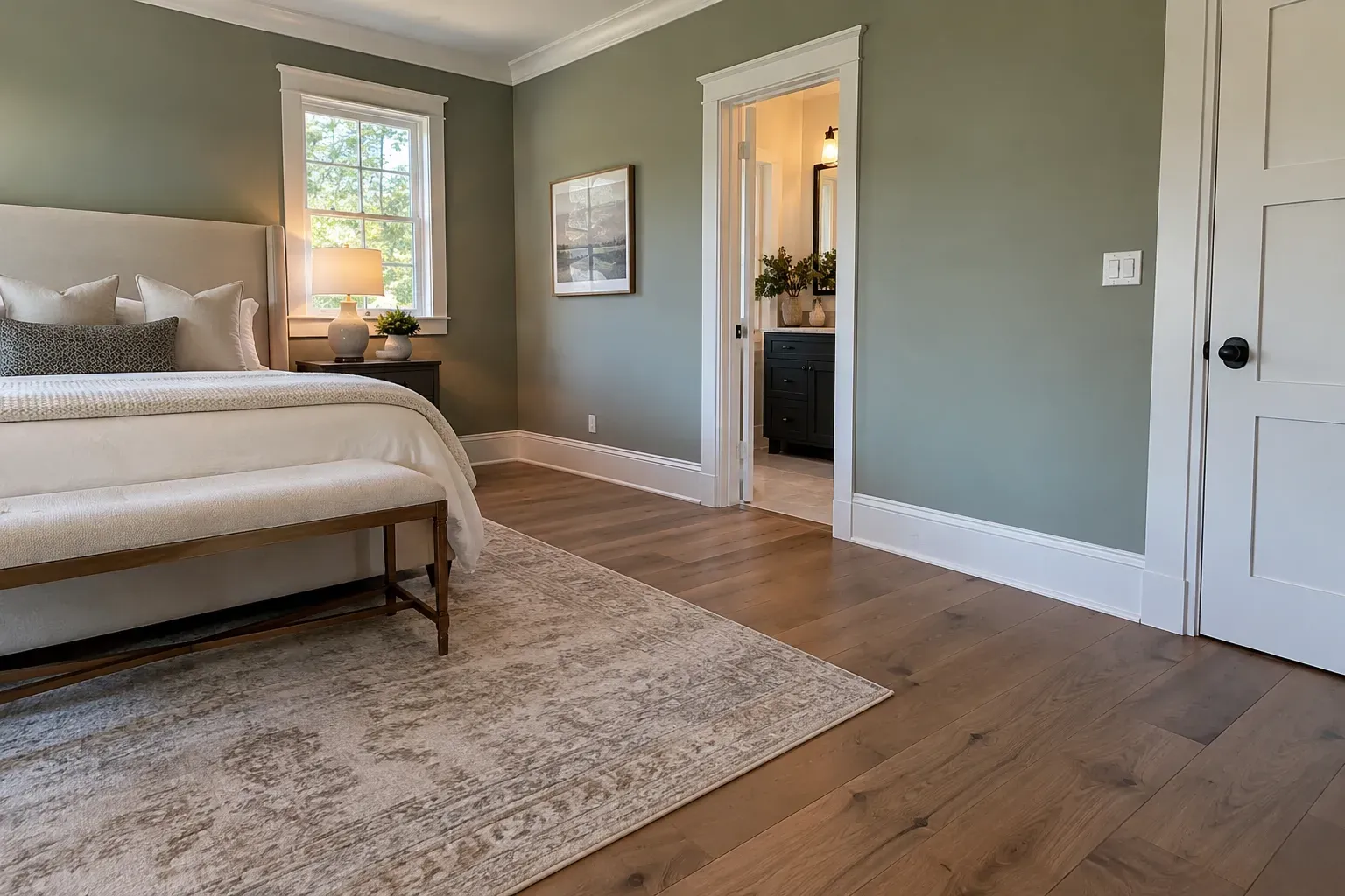 Sage green bedroom with white baseboards, crown molding and cased doorways over wide-plank wood flooring