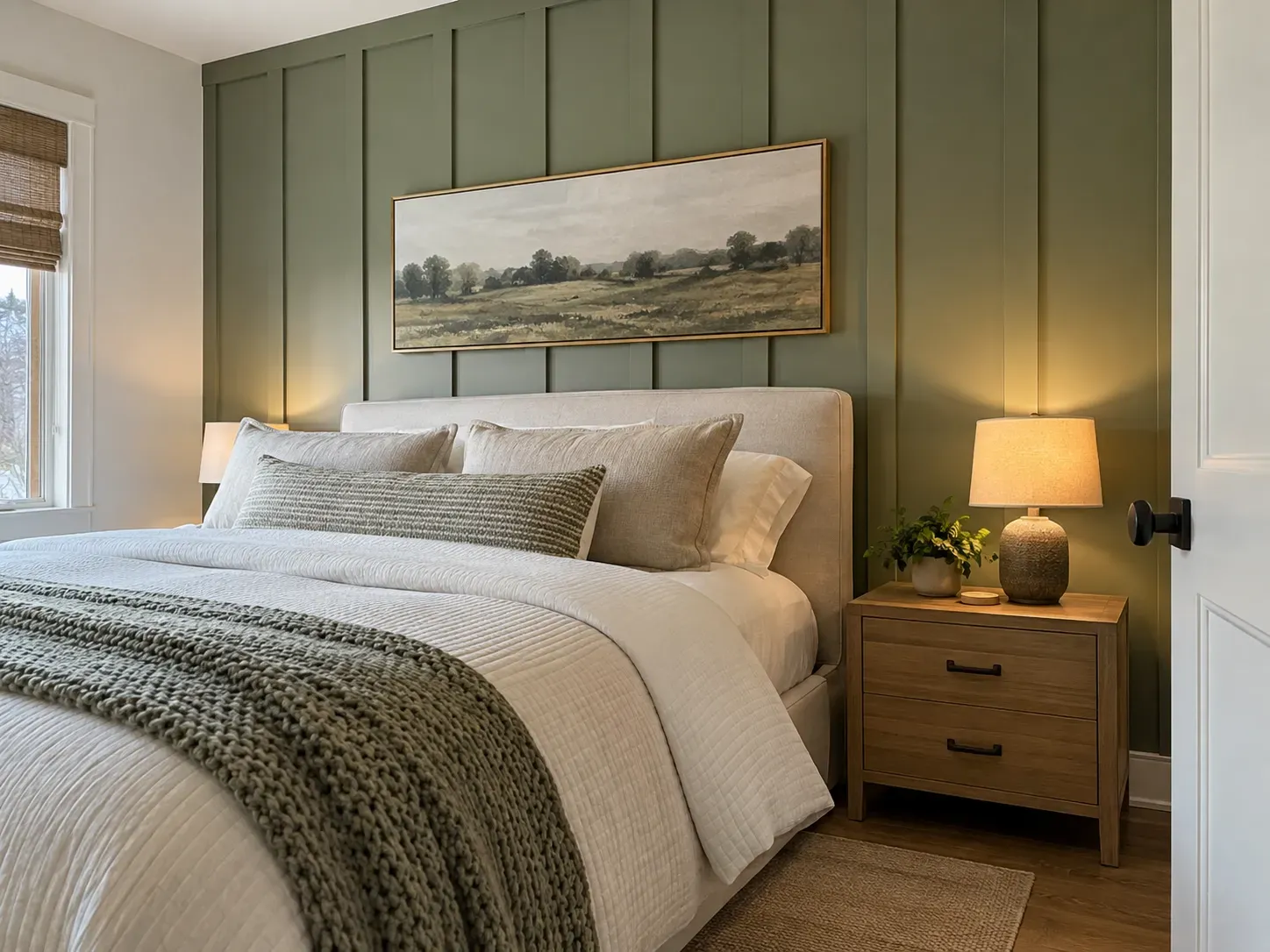 Sage green board and batten wall with a top rail behind an upholstered bed and oak nightstand
