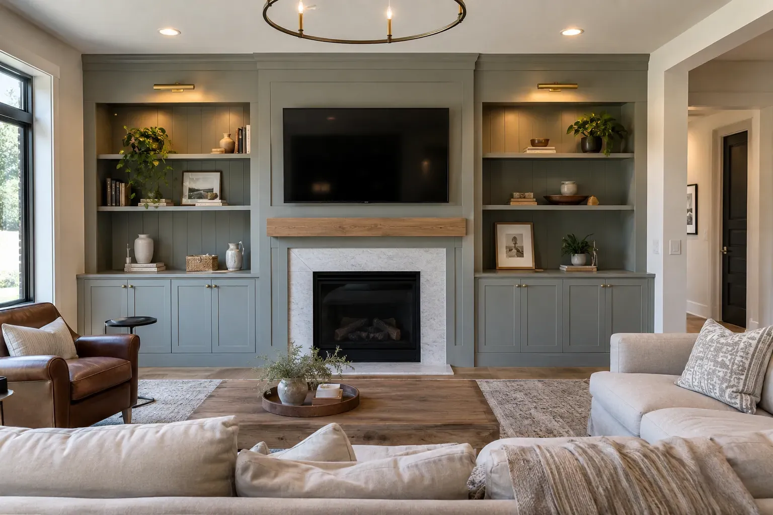Sage green built-in media wall with a TV over a marble fireplace, lit open shelves and Shaker cabinets on each side