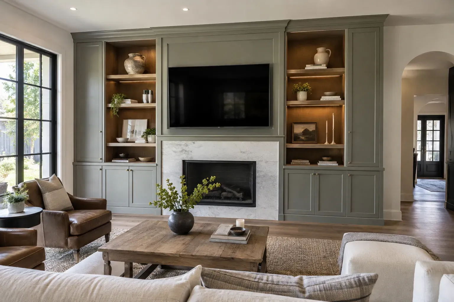 Sage green wall cabinetry with tall doors, wood-lined lit shelves, a mounted TV and white marble fireplace surround