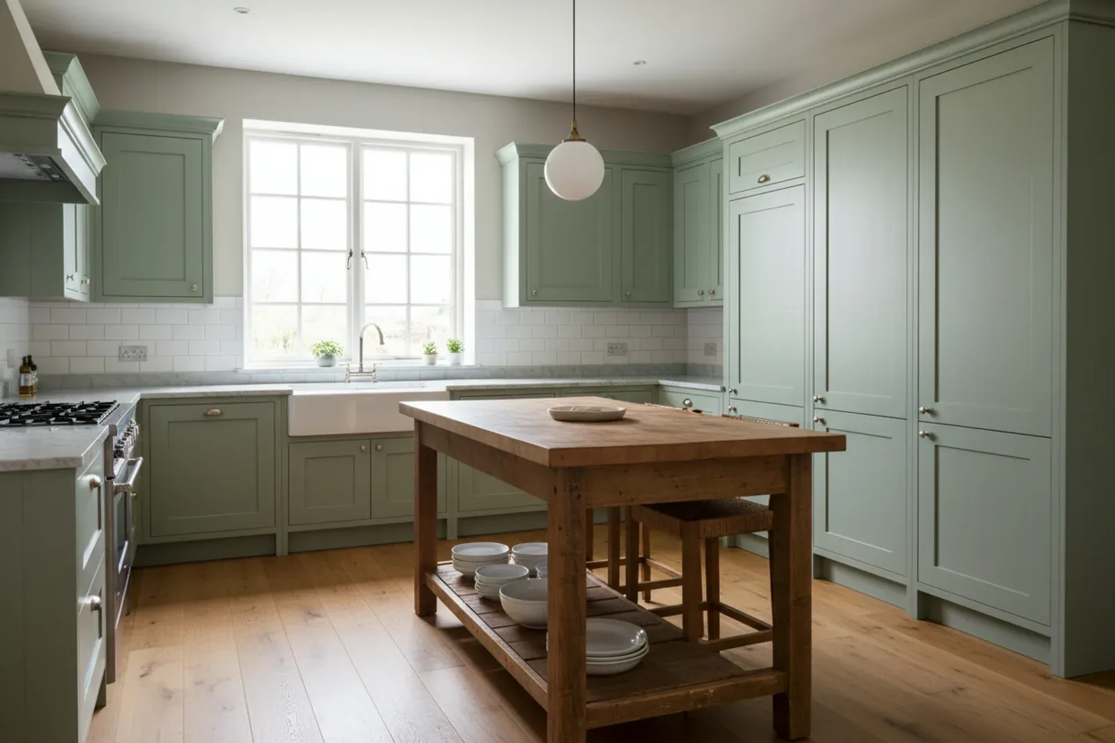 Kitchen of classic shaker cabinet doors painted a soft colour