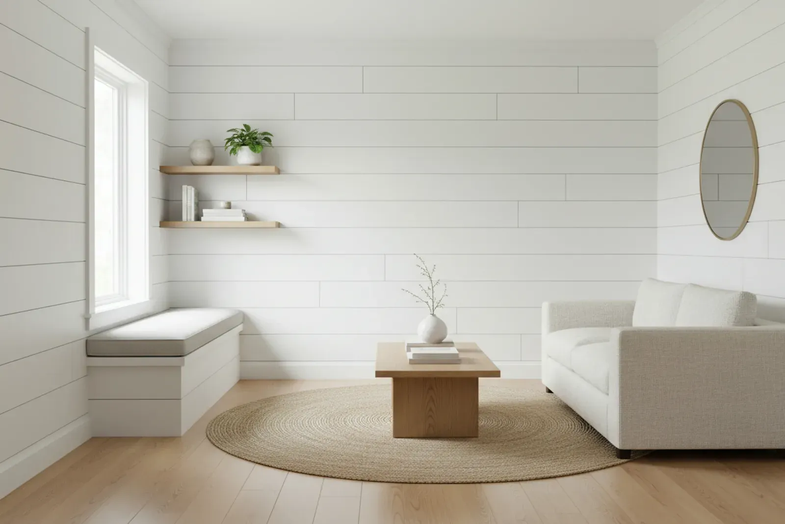 Bright room clad in horizontal white shiplap boards