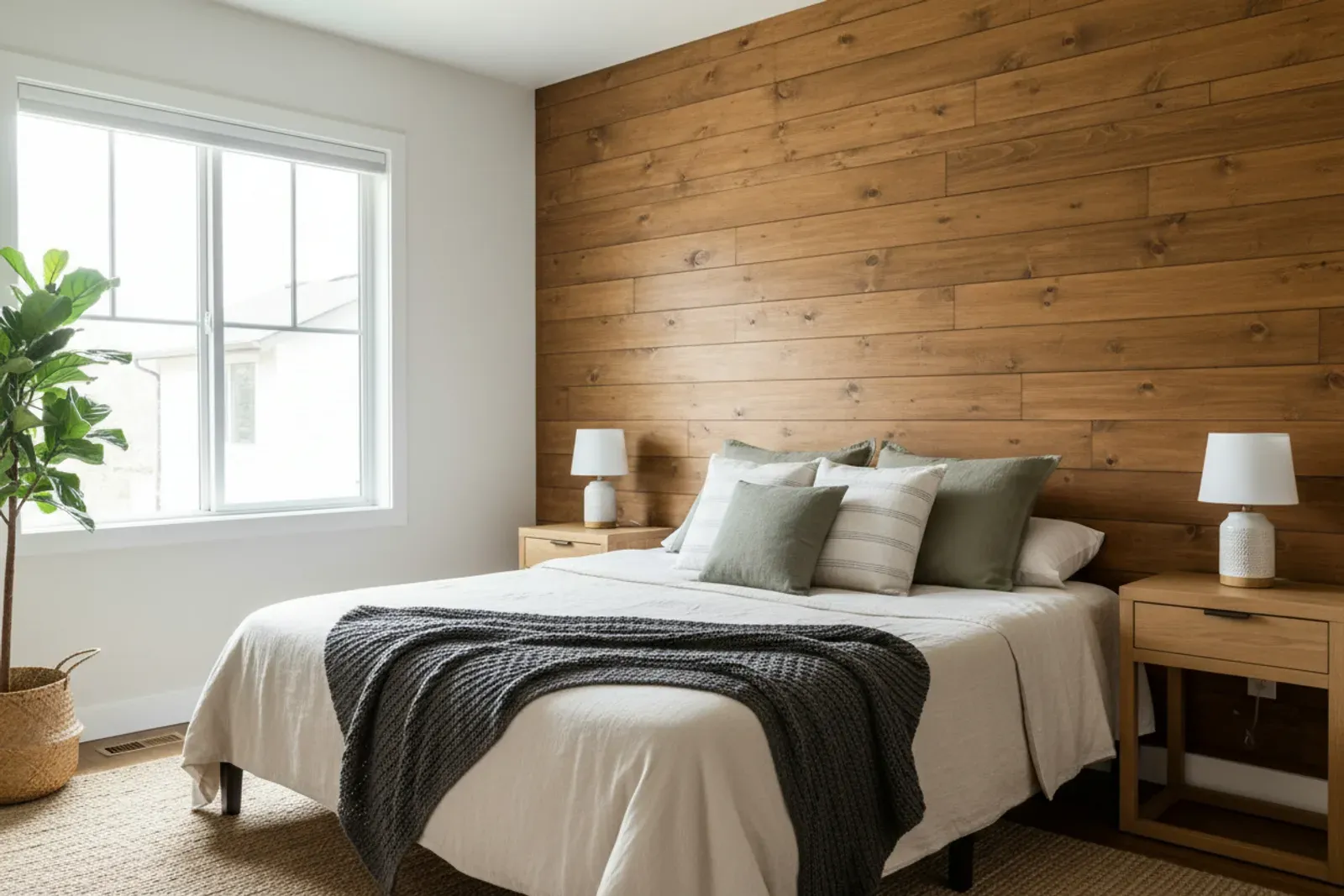 Bedroom with a stained shiplap accent wall behind the bed