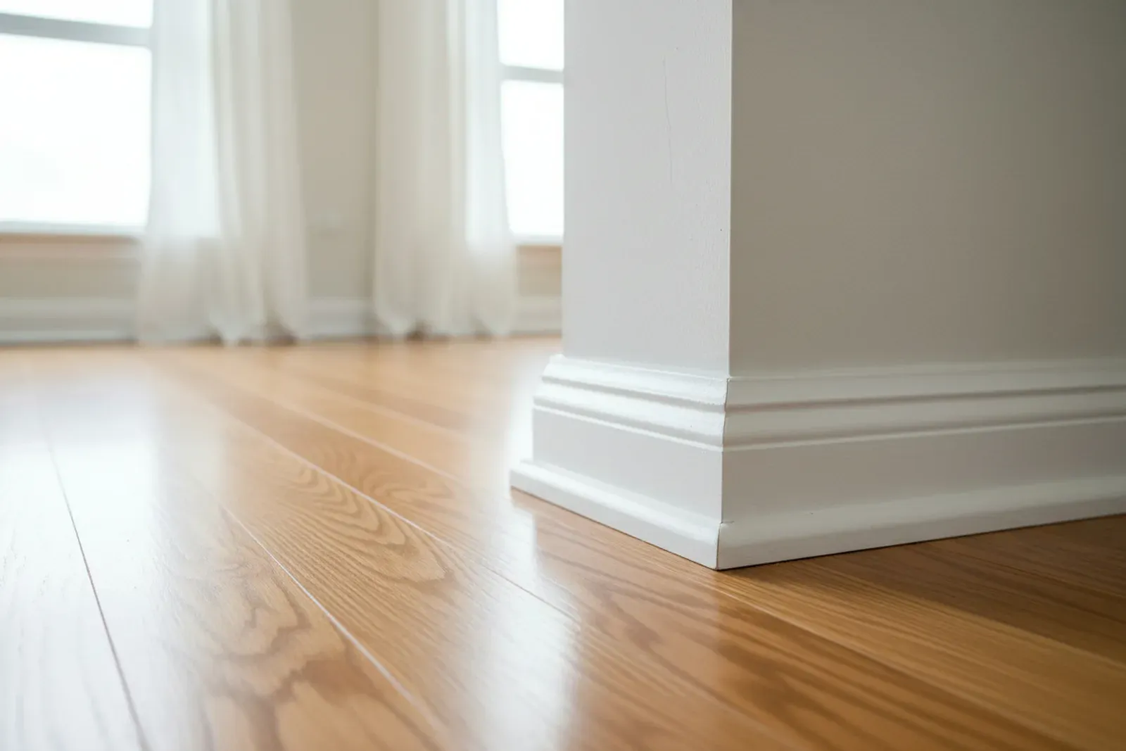 Shoe molding along the base of tall baseboard on wood flooring in a bright room