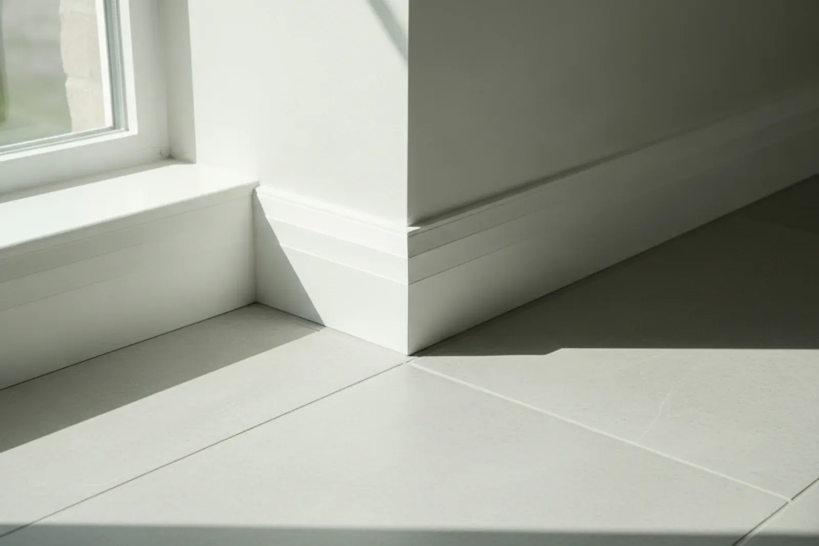 Corner where quarter round meets baseboard and tile flooring