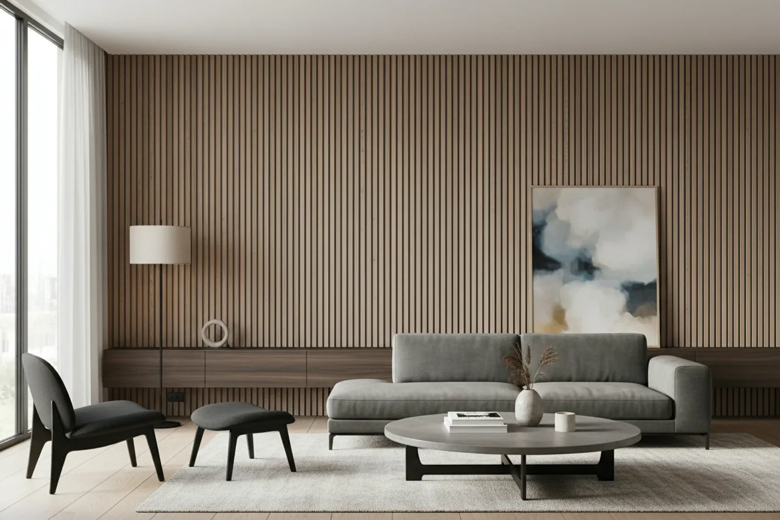 Modern room with a full wall of vertical wood slat panelling