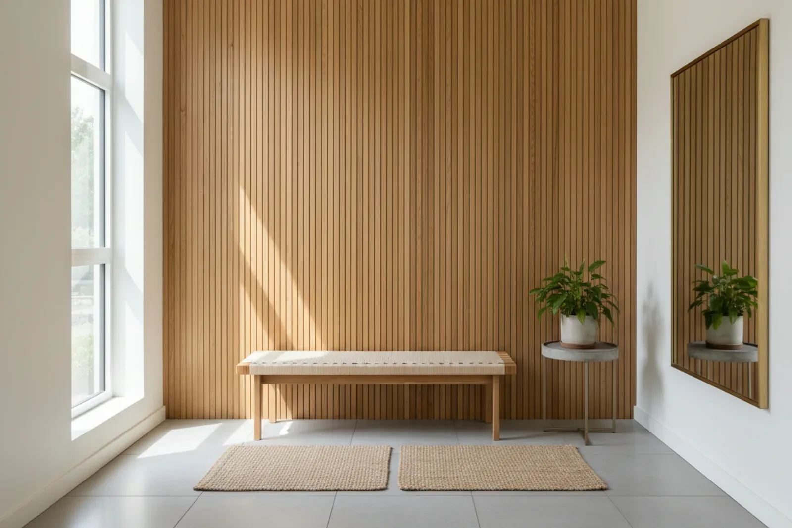 Entryway with fluted wood panelling behind a bench