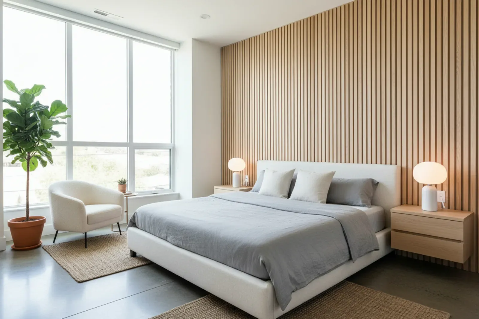 Bedroom with a wood slat headboard wall