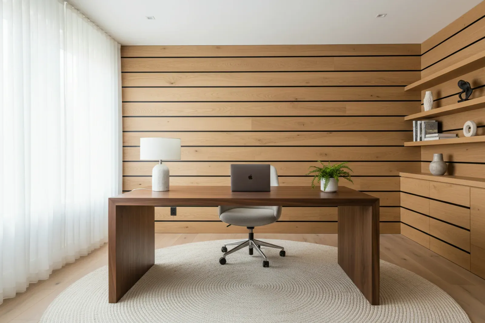 Home office with acoustic wood slat panels behind the desk
