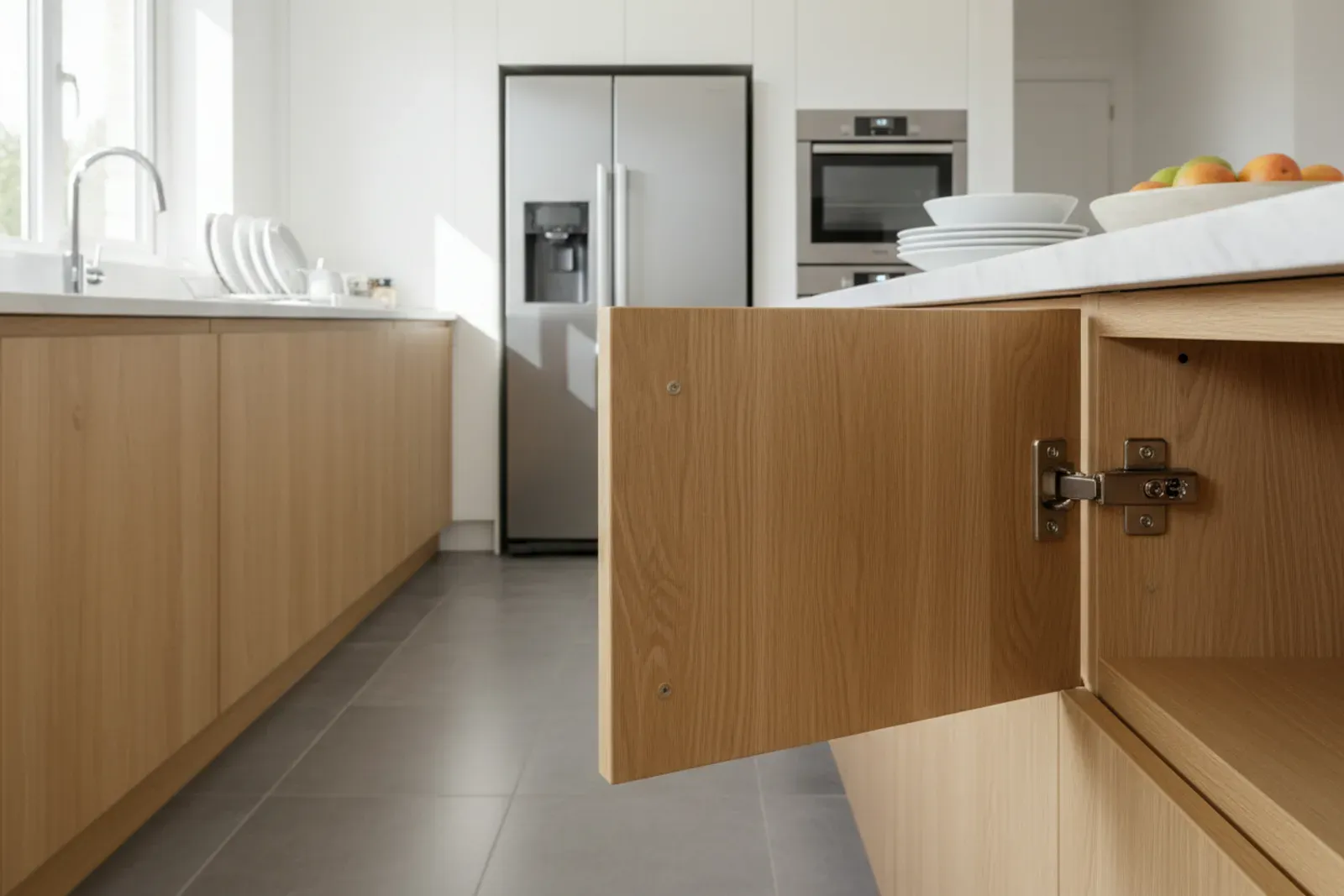 Kitchen cabinet door part way closed on a new soft close hinge