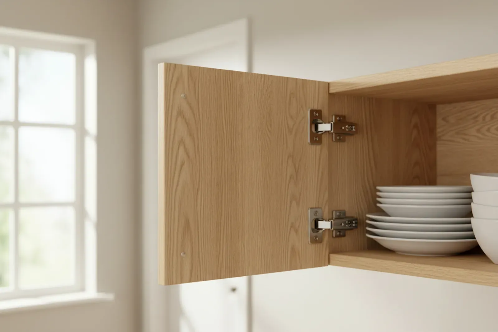 Soft close hinge fitted inside a cabinet door