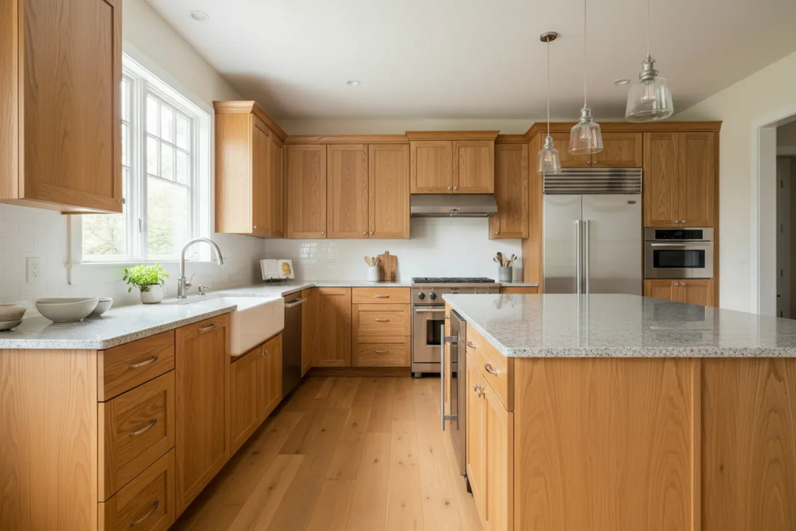 Kitchen with solid hardwood cabinet doors, the grain running through them