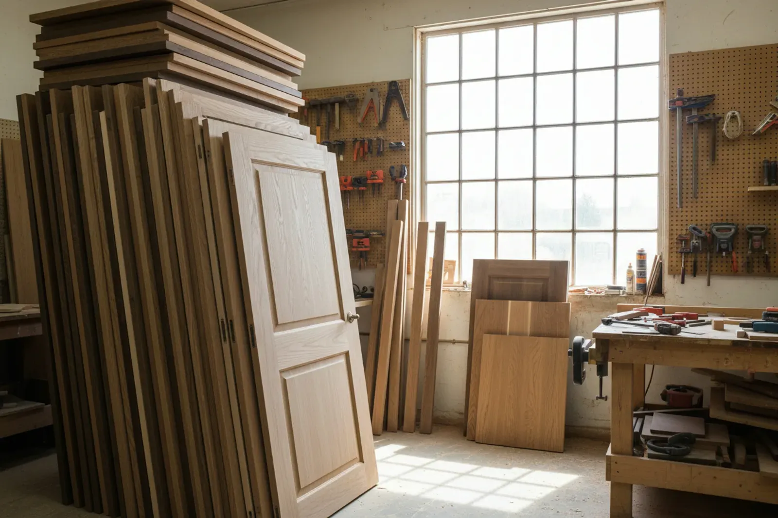 Stack of solid hardwood doors in a shop