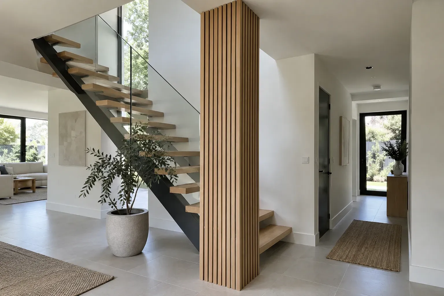 Square column wrapped in vertical white oak slats beside a floating staircase with a glass railing