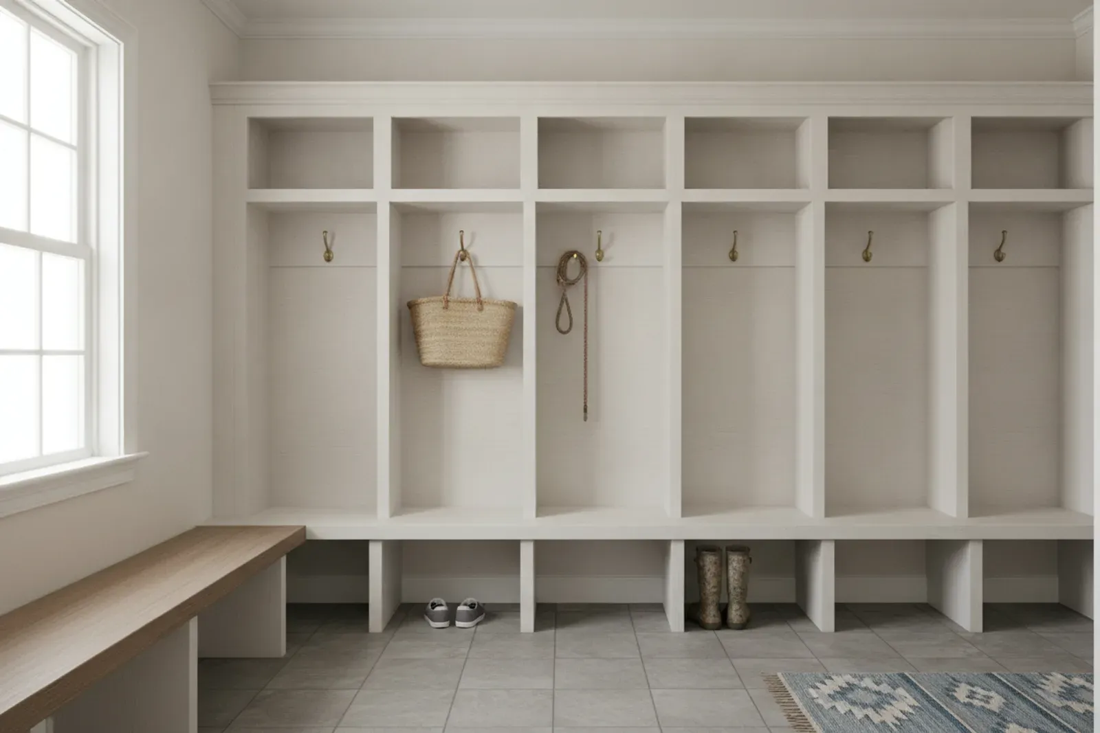 Mudroom of built-in wooden lockers with a bench and coat hooks painted soft white