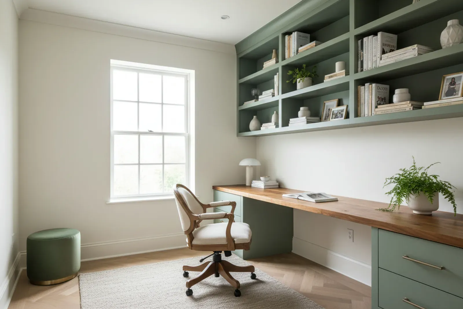 Home office with a built-in desk and upper shelving in painted sage green