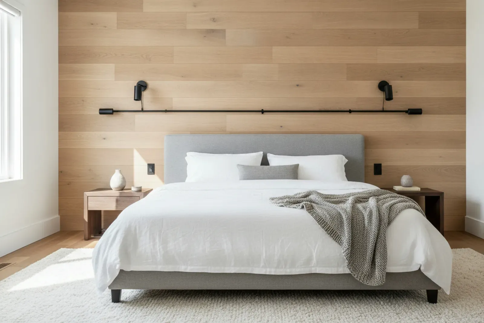 Bedroom wall of board and batten panelling behind the bed in white oak with black hardware