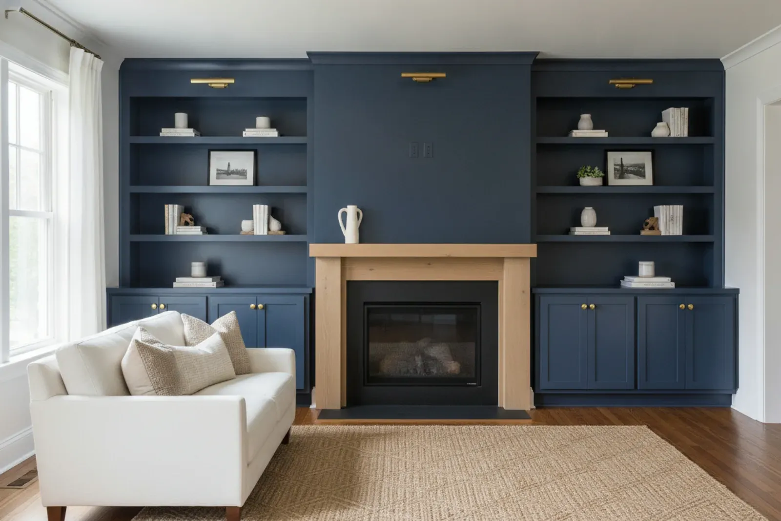 Living room with built-in cabinets and shelving flanking a fireplace in painted navy with brass hardware