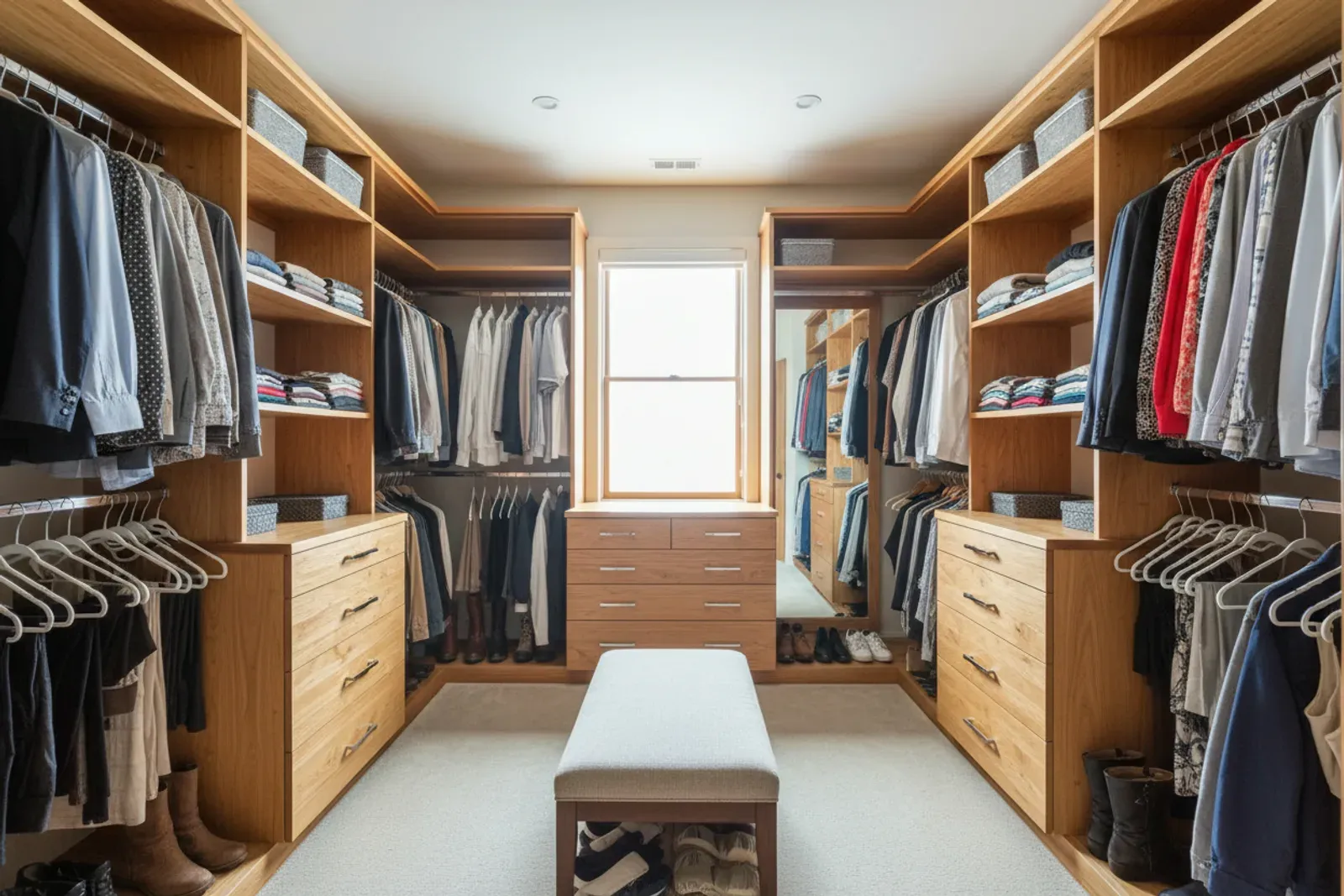 Walk-in closet of wood shelving, hanging rods and drawer banks in natural maple