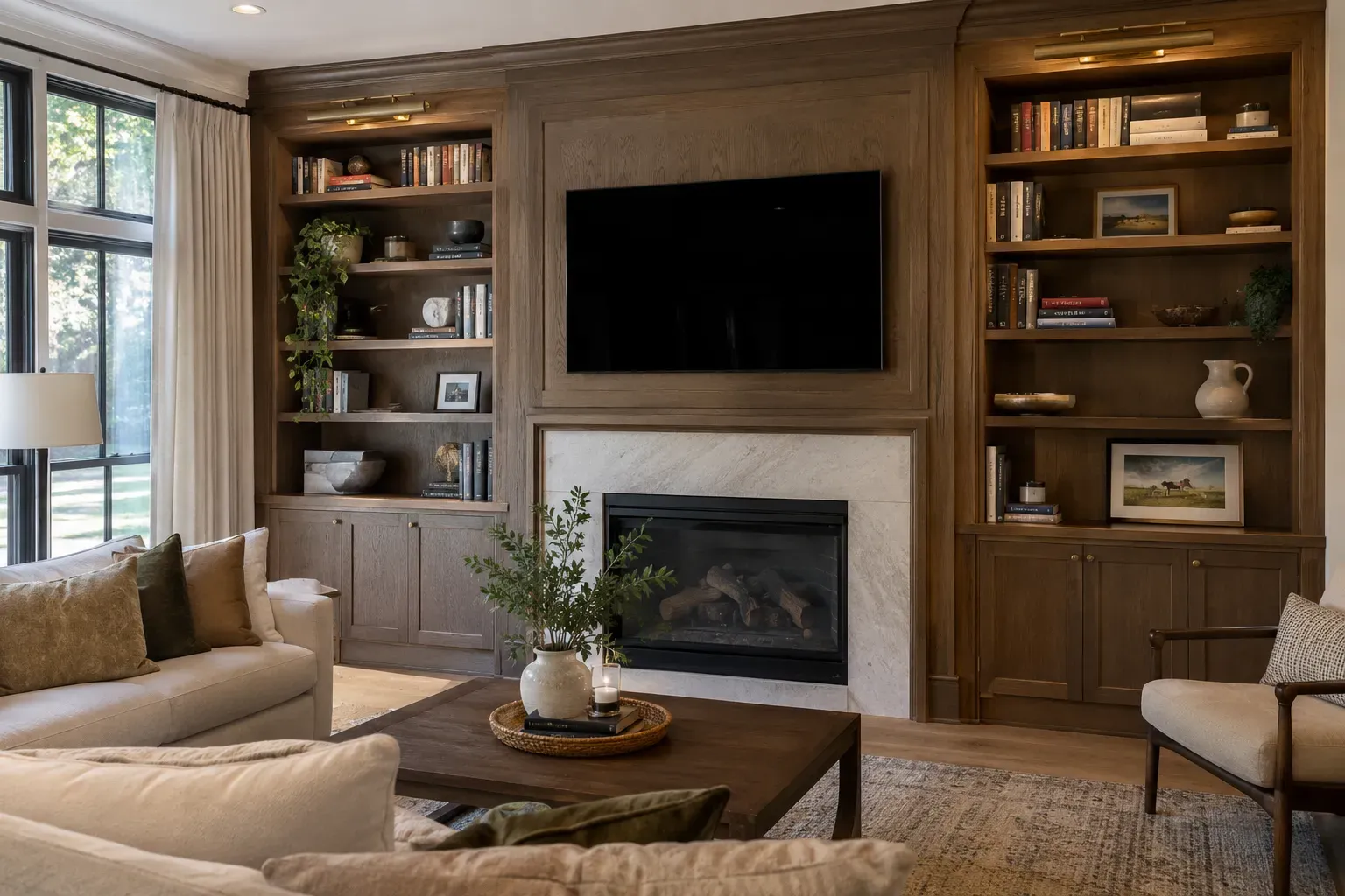 Stained oak built-in bookcases filled with books on each side of a paneled TV wall and marble fireplace