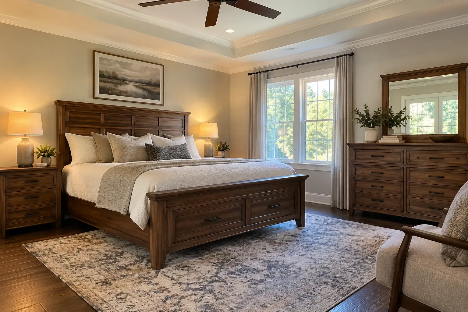 Stained wood bed with footboard storage drawers, matching nightstand and dresser with mirror in a bedroom