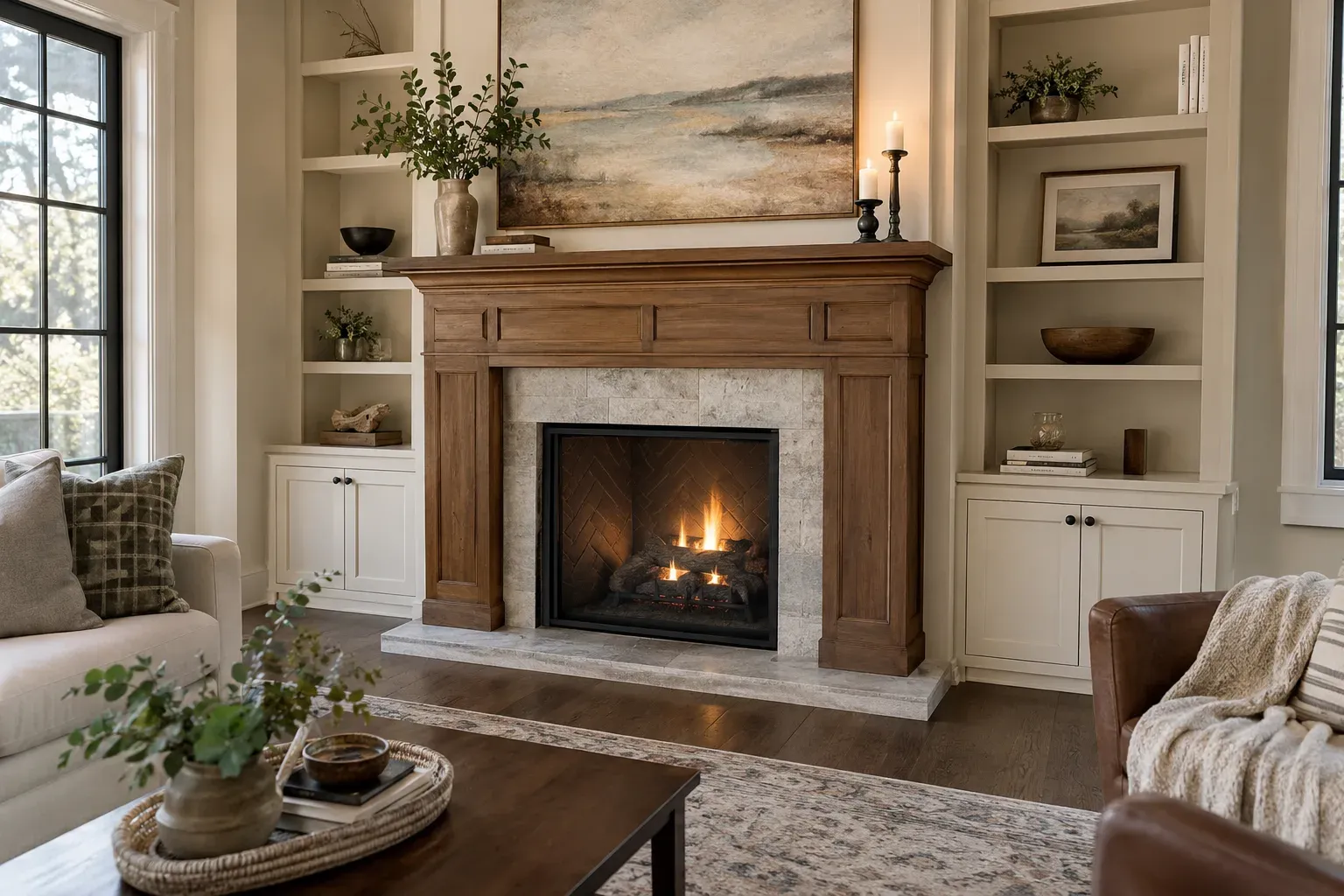 Stained wood mantel and stone tile fireplace surround between white built-in shelves and cabinets