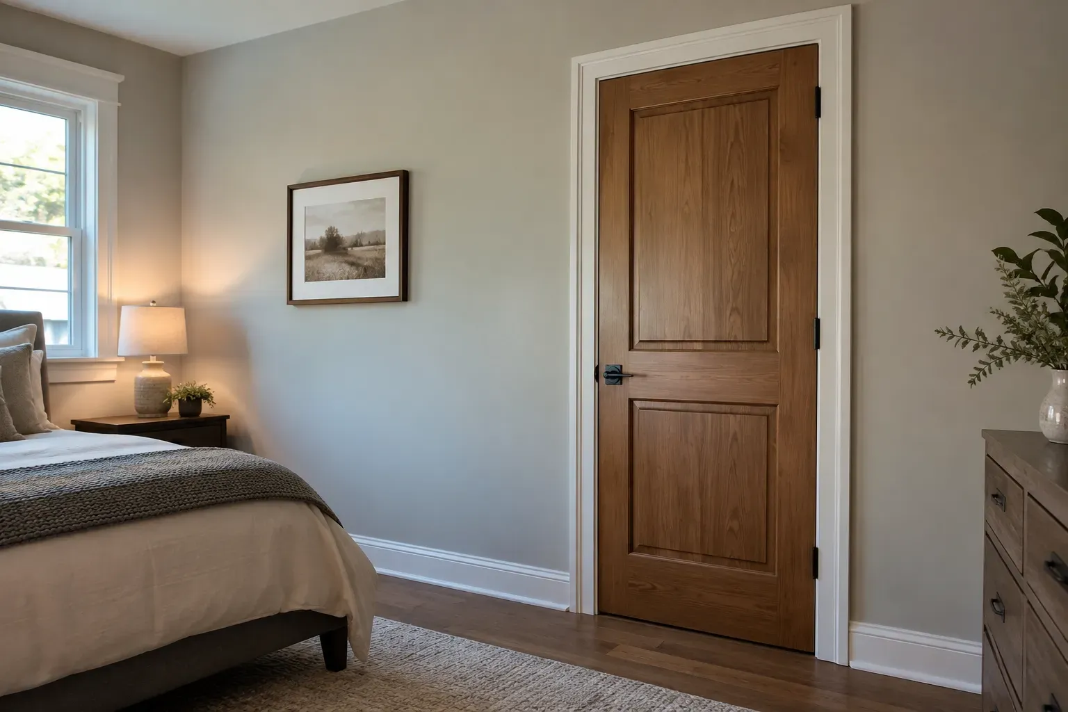 Stained wood two-panel interior door with a black lever handle and white casing in a softly lit bedroom