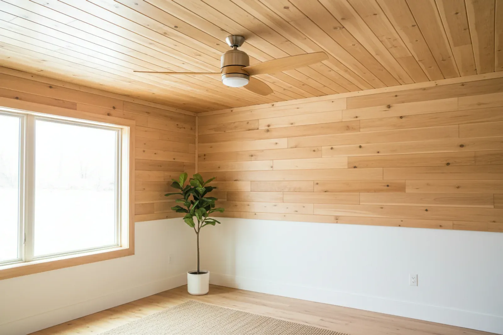 Ceiling and upper wall finished in tongue and groove boards