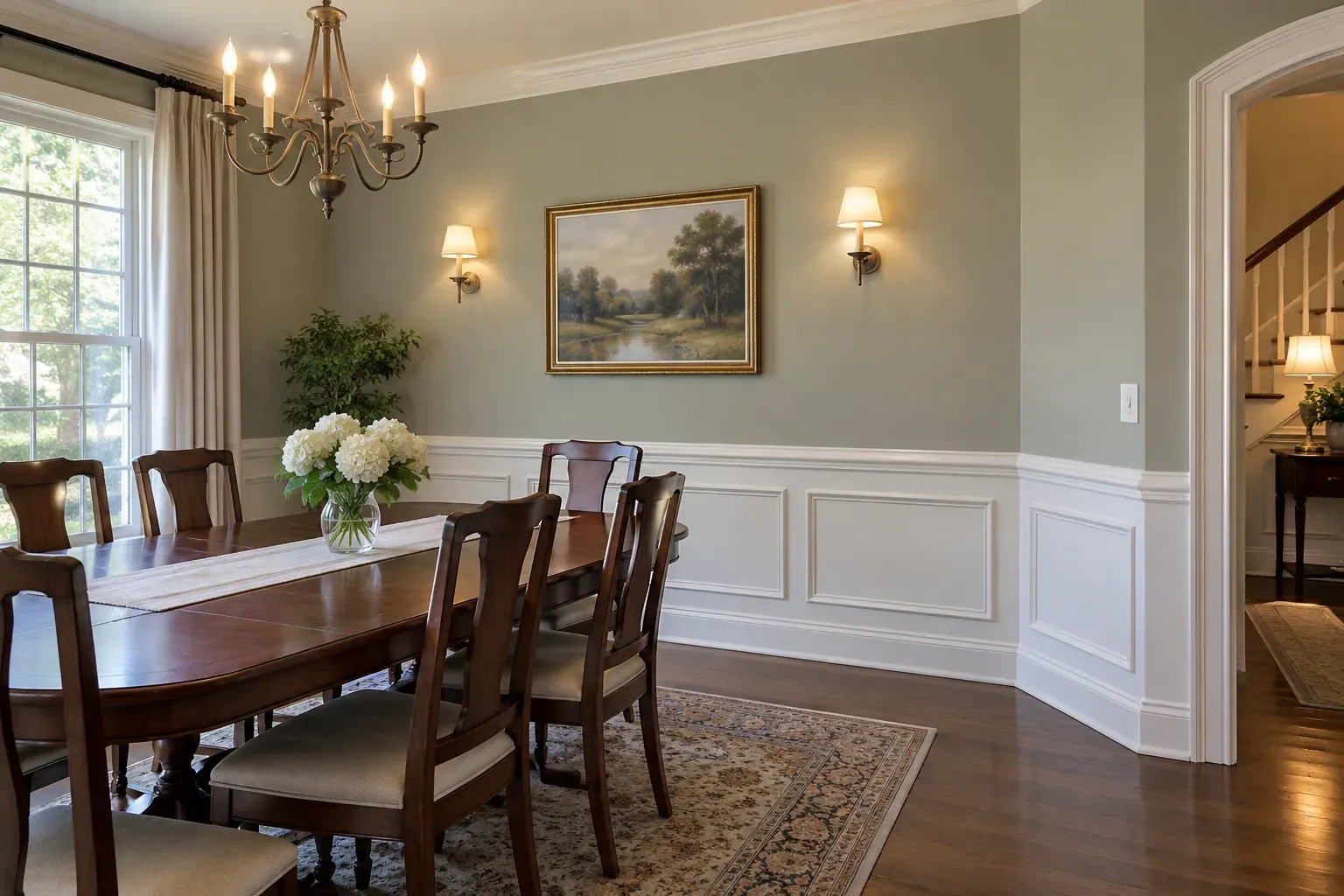 Traditional dining room with white chair rail and molding panels below sage green walls and a cherry table