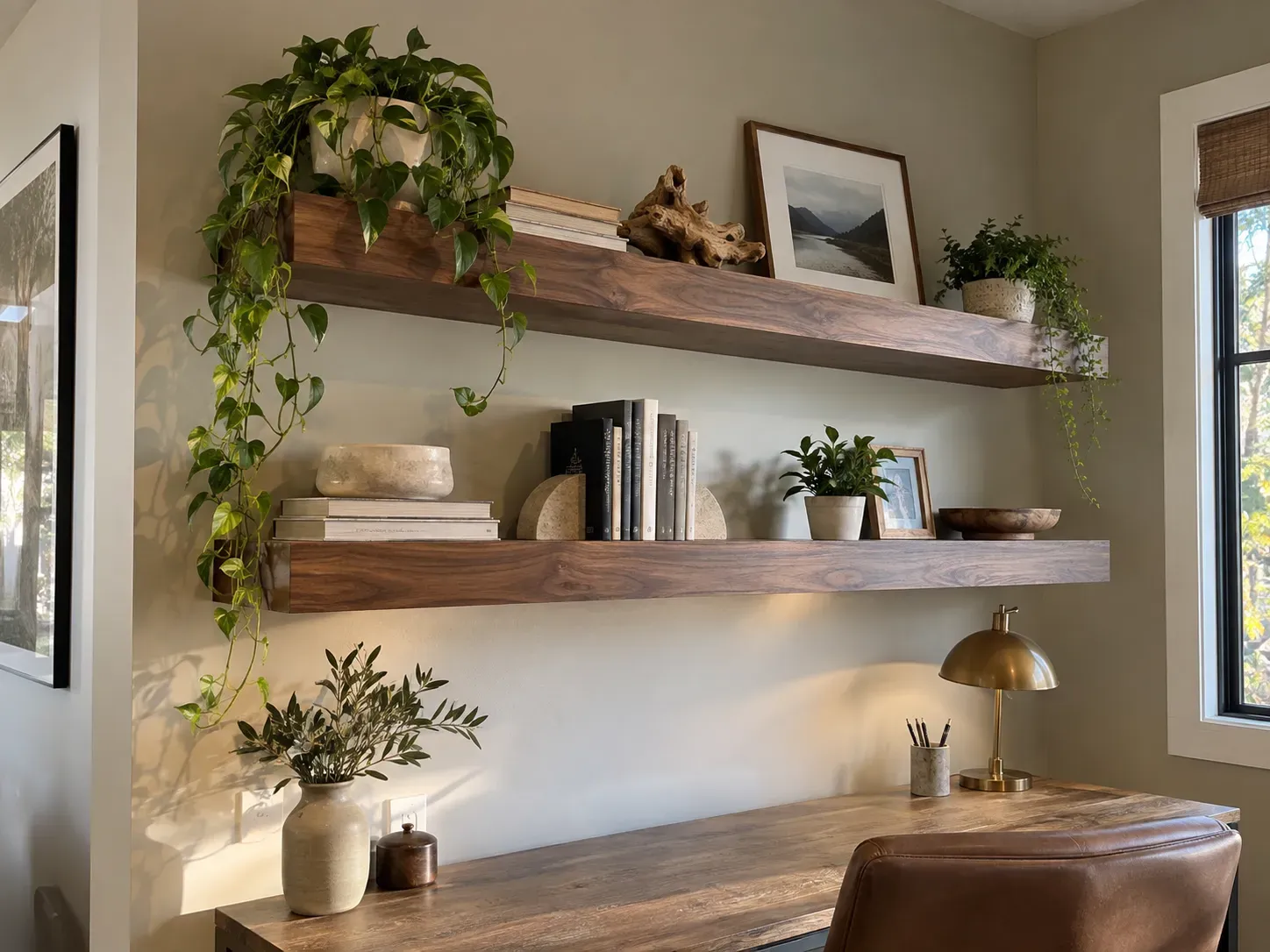 Two thick walnut floating shelves with plants and books mounted above a wood desk and brass lamp
