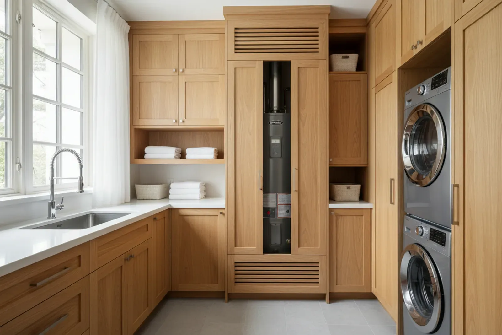 Utility room with cabinets built around a water heater