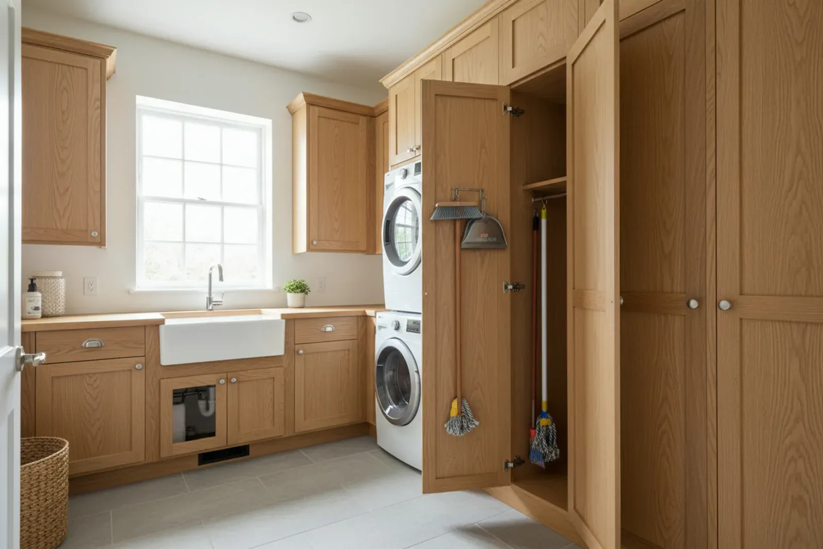 Utility room with tall storage cabinets and a broom cupboard