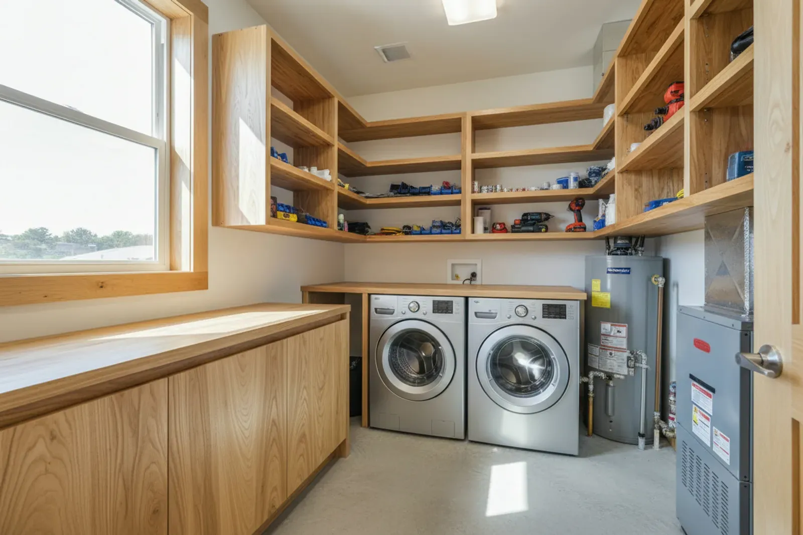 Shelving and cabinets in a small mechanical room