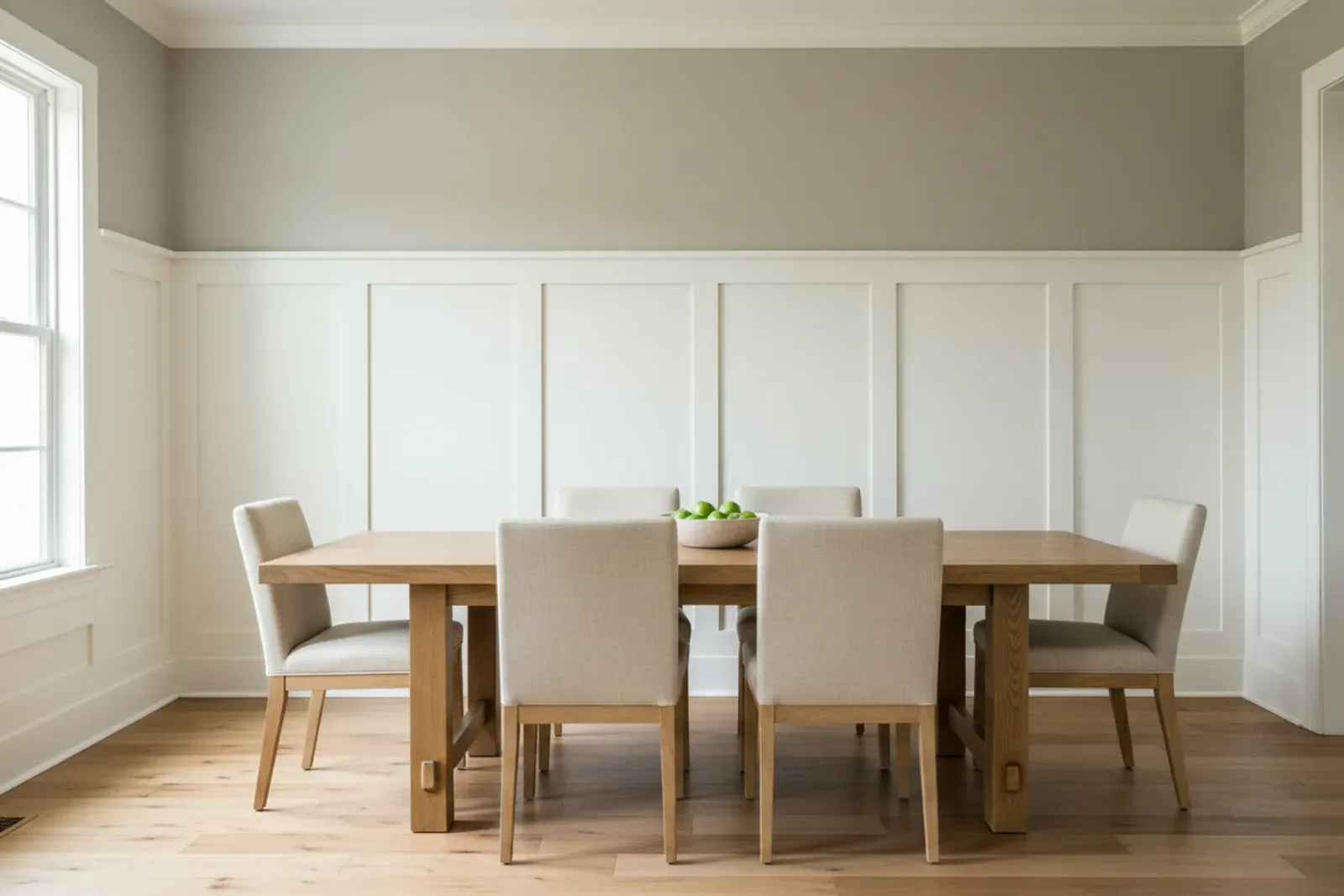 Dining room wall with raised panel wainscoting below a chair rail