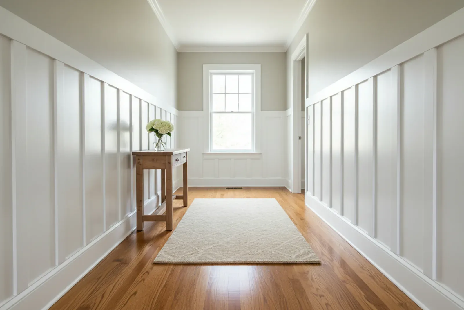 Hallway with white beadboard wainscoting