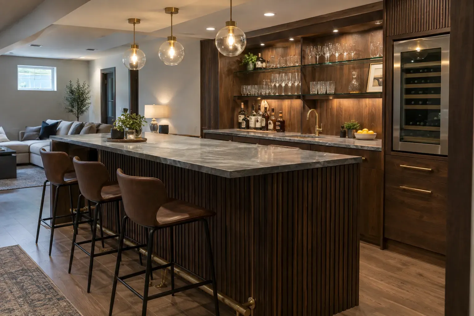 Walnut basement bar with a fluted island, gray stone counter, lit glass shelves and a built-in wine refrigerator