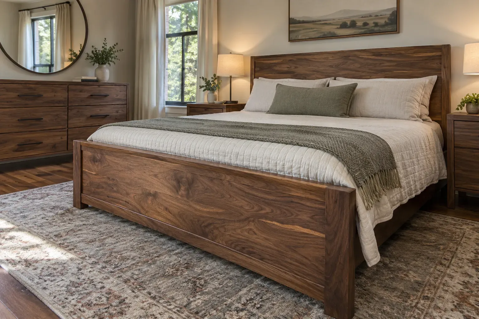 Walnut bed with slab headboard and paneled footboard beside a matching walnut dresser and nightstands