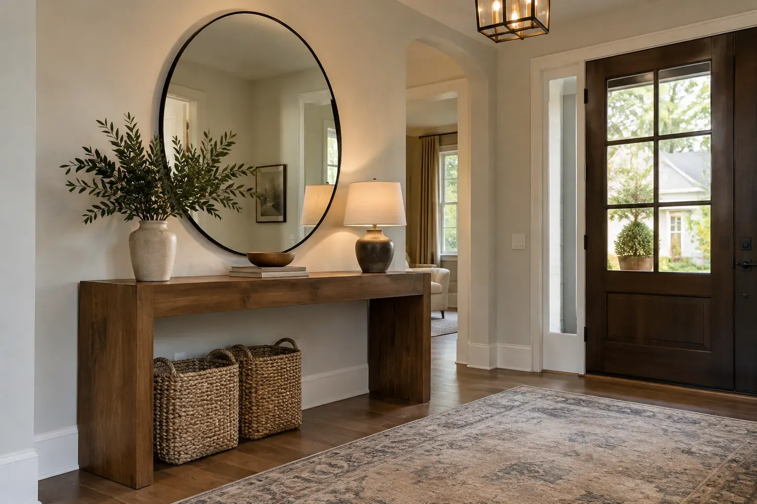 Waterfall-style oak console table with woven baskets beneath and round mirror above in a front entry
