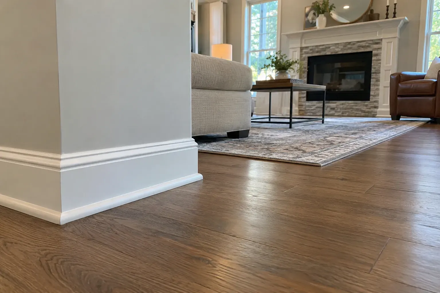 White baseboard finished with a rounded shoe molding at the floor on an outside corner, living room fireplace beyond