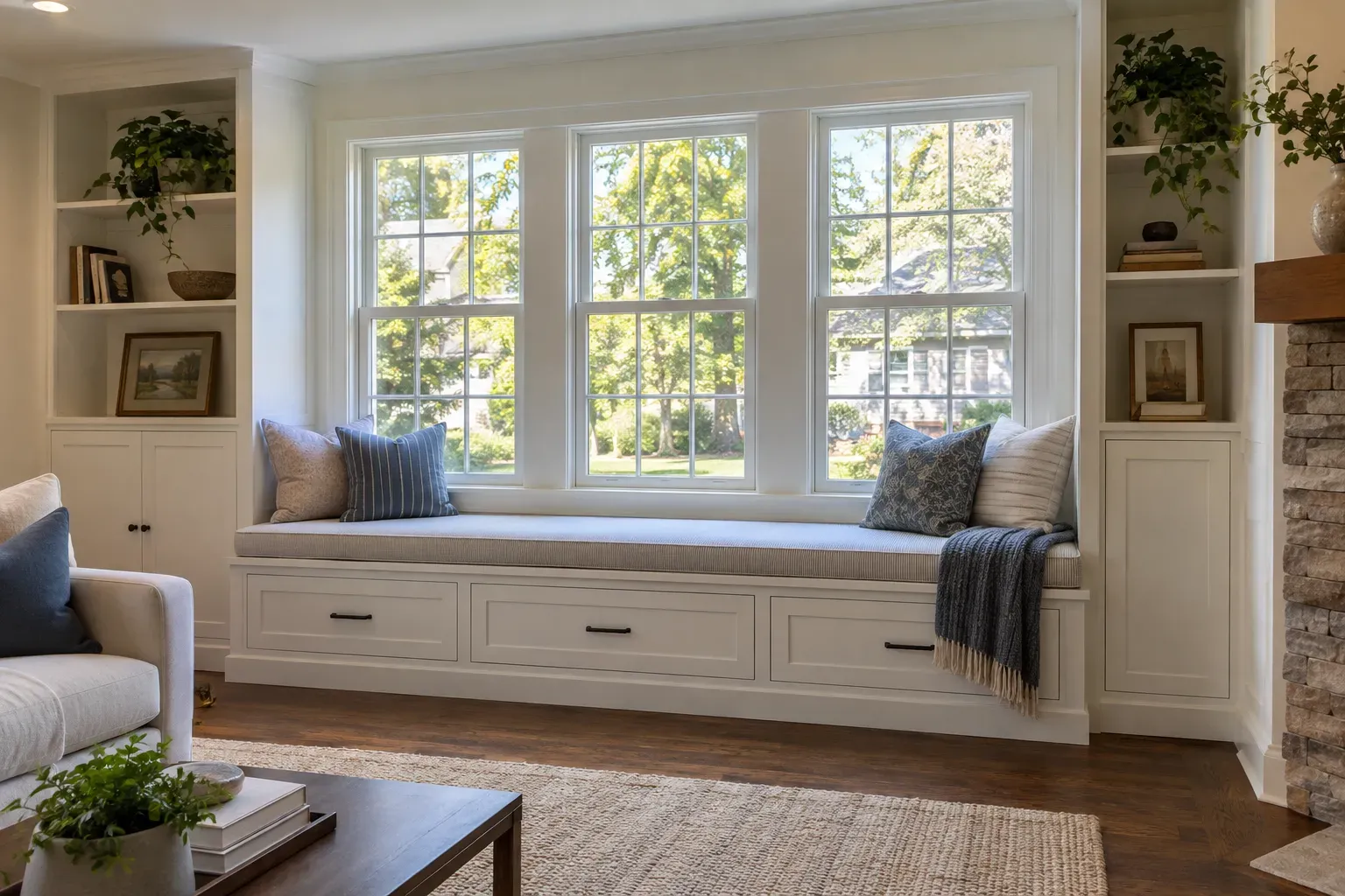 White built-in window seat with three storage drawers under triple windows, flanked by white bookcases