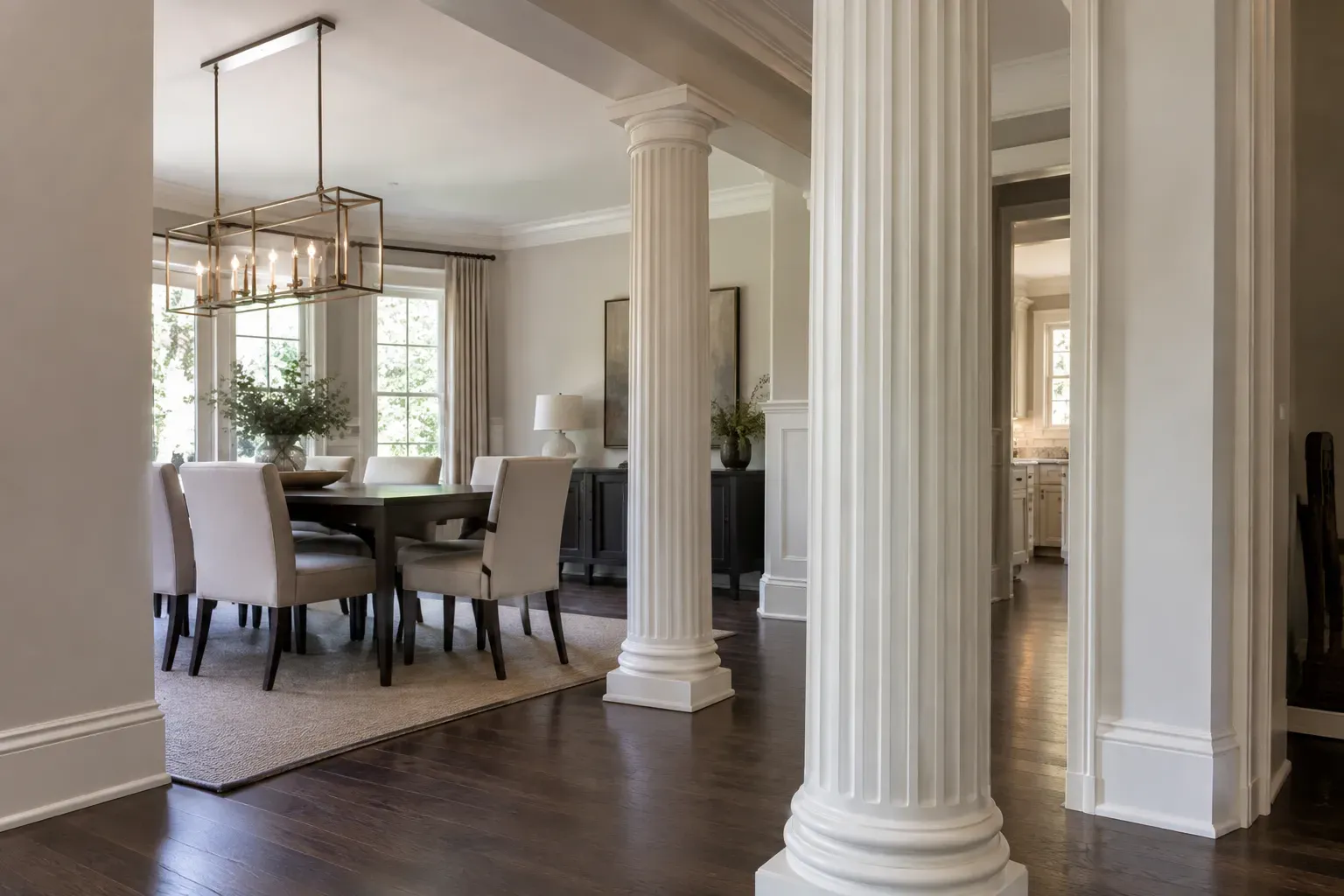 White fluted round columns with molded bases and capitals between a foyer and a formal dining room