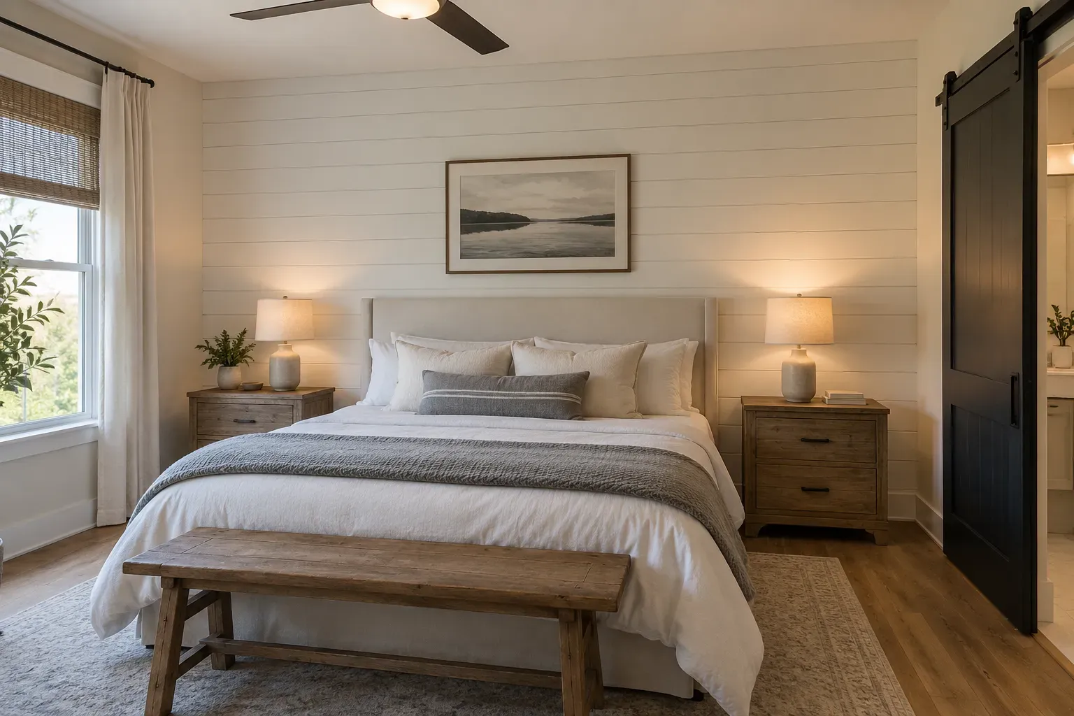 White horizontal shiplap wall behind a bed with matching lamps, wood nightstands and a rustic bench