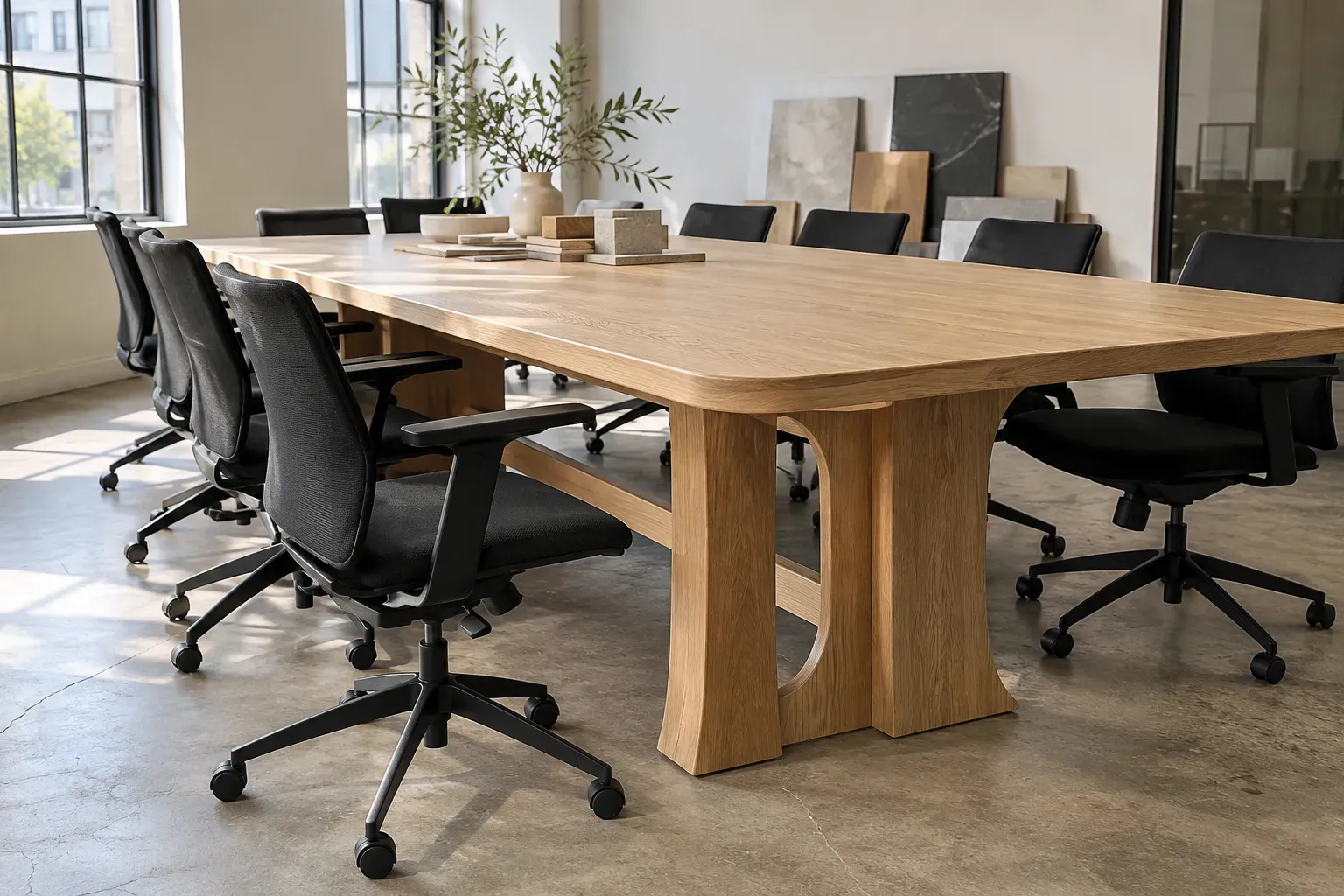 White oak boardroom table with rounded corners and sculpted pedestal bases surrounded by black office chairs
