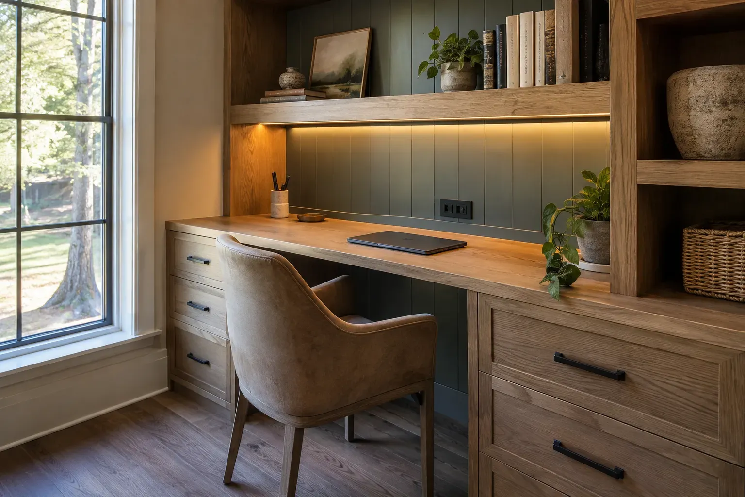 White oak built-in desk with drawers, under-shelf LED lighting and sage green vertical panel backsplash